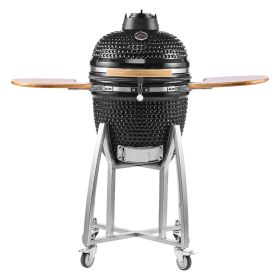 Charcoal Smoker and Grill, 18" Kamado Charcoal BBQ Smoker, Movable Ceramic Barbecue Grill with 4 Wheels (2 Lockable), Built-in Thermometer Charcoal Smoker and Grill, 18" Kamado Charcoal BBQ Smoker, Movable Ceramic Barbecue Grill with 4 Wheels (2 Lockable), Built-in Thermometer